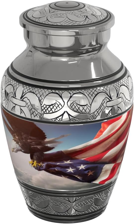 American Flag Small Keepsake Cremation Urn for Human Ashes with Handcrafted Custom Funnel (Red/White/Blue Police/Military/Patriotic) Decorative Eagle Urn