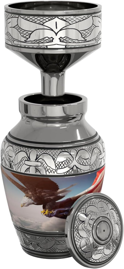 American Flag Small Keepsake Cremation Urn for Human Ashes with Handcrafted Custom Funnel (Red/White/Blue Police/Military/Patriotic) Decorative Eagle Urn