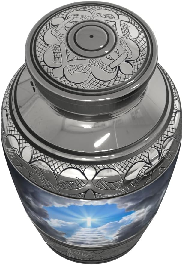 Handcrafted Stairway to Heaven Cross Small Keepsake Cremation Urn for Human Ashes with Custom Funnel (Christian/Catholic Male/Female) Decorative Urn