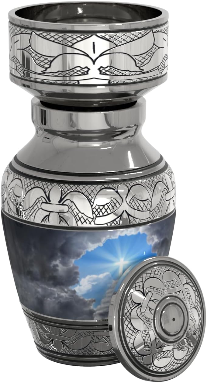 Handcrafted Stairway to Heaven Cross Small Keepsake Cremation Urn for Human Ashes with Custom Funnel (Christian/Catholic Male/Female) Decorative Urn