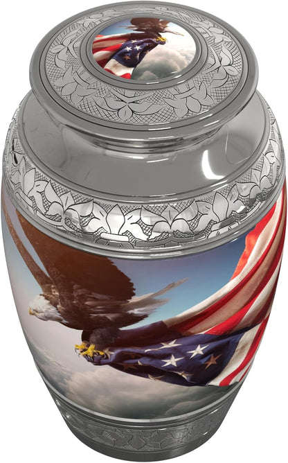 American Flag Large Cremation Urn for Human Ashes with Handcrafted Custom Funnel and Vase (Red/White/Blue Police/Military/Patriotic) Decorative Eagle Urn (American Flag Large Urn with Vase)