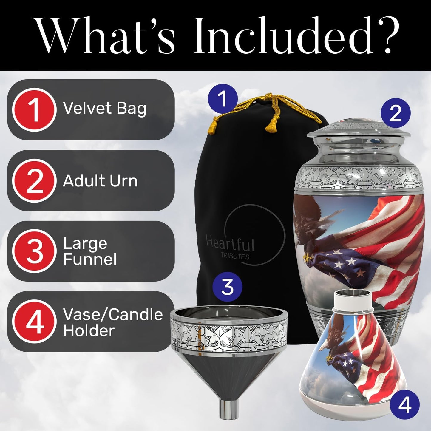 American Flag Large Cremation Urn for Human Ashes with Handcrafted Custom Funnel and Vase (Red/White/Blue Police/Military/Patriotic) Decorative Eagle Urn (American Flag Large Urn with Vase)