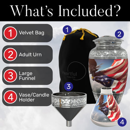 American Flag Large Cremation Urn for Human Ashes with Handcrafted Custom Funnel and Vase (Red/White/Blue Police/Military/Patriotic) Decorative Eagle Urn (American Flag Large Urn with Vase)