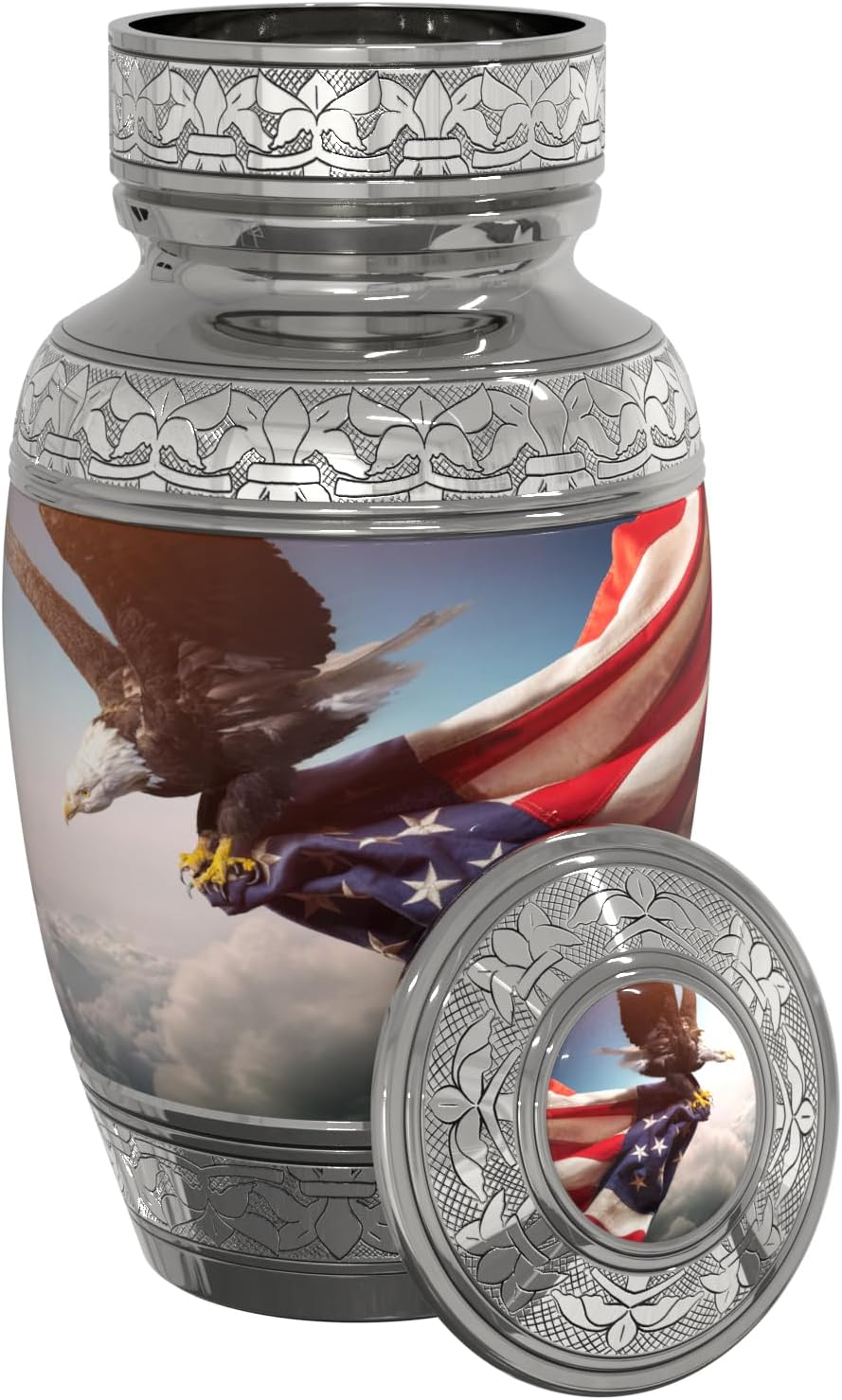 American Flag Large Cremation Urn for Human Ashes with Handcrafted Custom Funnel and Vase (Red/White/Blue Police/Military/Patriotic) Decorative Eagle Urn (American Flag Large Urn with Vase)