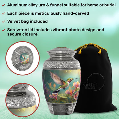 Hummingbird Cremation Urn for Human Ashes Adult Female with Handcrafted Custom Funnel and Vase (Large, Decorative, Women)