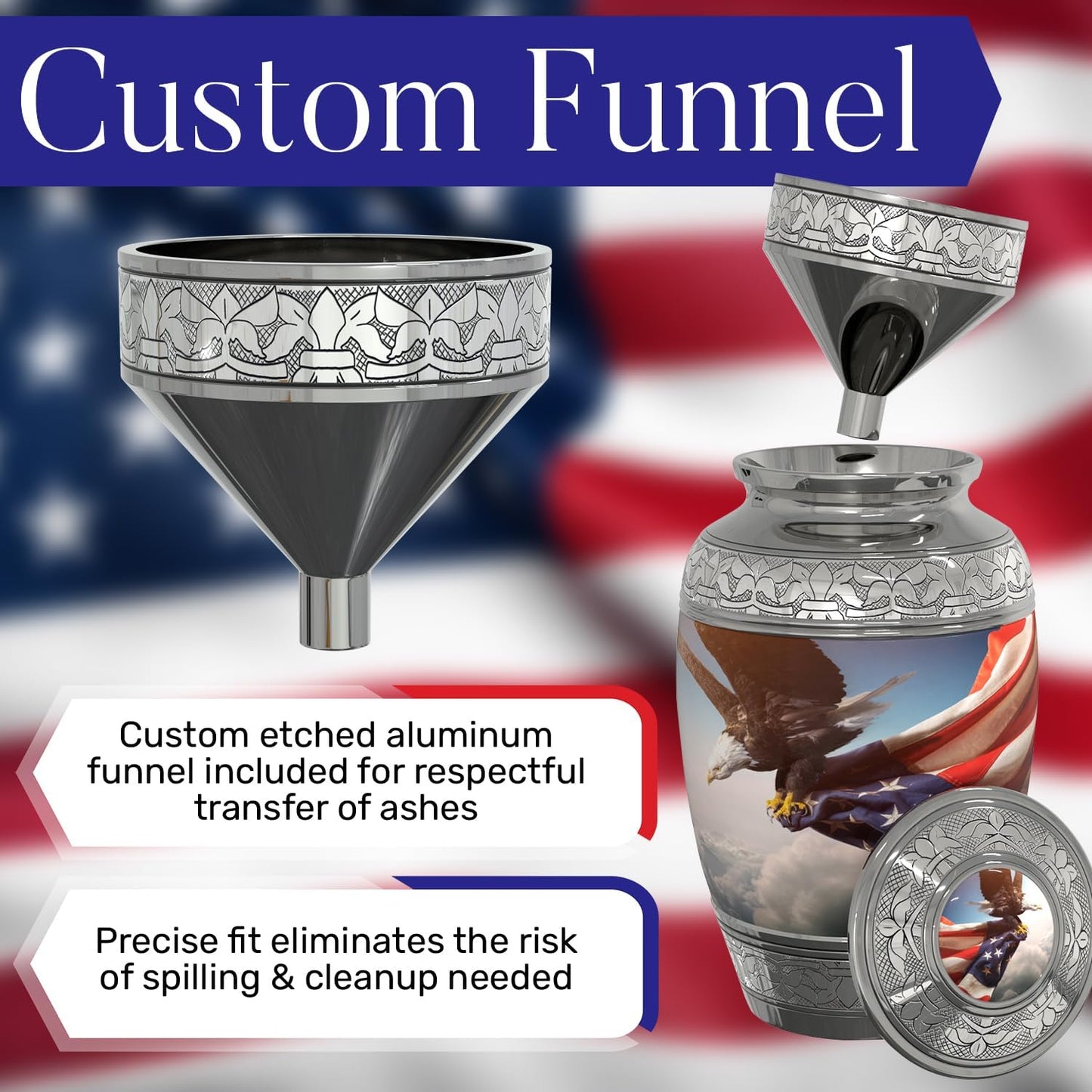 American Flag Large Cremation Urn for Human Ashes with Handcrafted Custom Funnel and Vase (Red/White/Blue Police/Military/Patriotic) Decorative Eagle Urn (American Flag Large Urn with Vase)