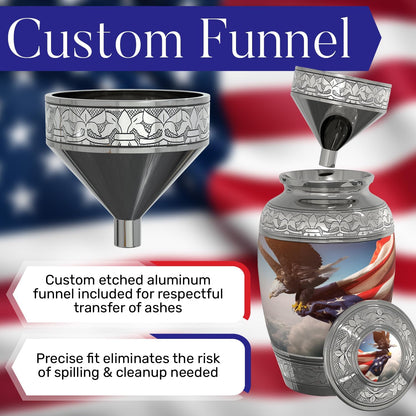 American Flag Large Cremation Urn for Human Ashes with Handcrafted Custom Funnel and Vase (Red/White/Blue Police/Military/Patriotic) Decorative Eagle Urn (American Flag Large Urn with Vase)