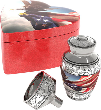 American Flag Small Keepsake Cremation Urn for Human Ashes with Handcrafted Custom Funnel (Red/White/Blue Police/Military/Patriotic) Decorative Eagle Urn