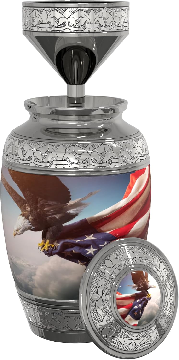 American Flag Large Cremation Urn for Human Ashes with Handcrafted Custom Funnel and Vase (Red/White/Blue Police/Military/Patriotic) Decorative Eagle Urn (American Flag Large Urn with Vase)