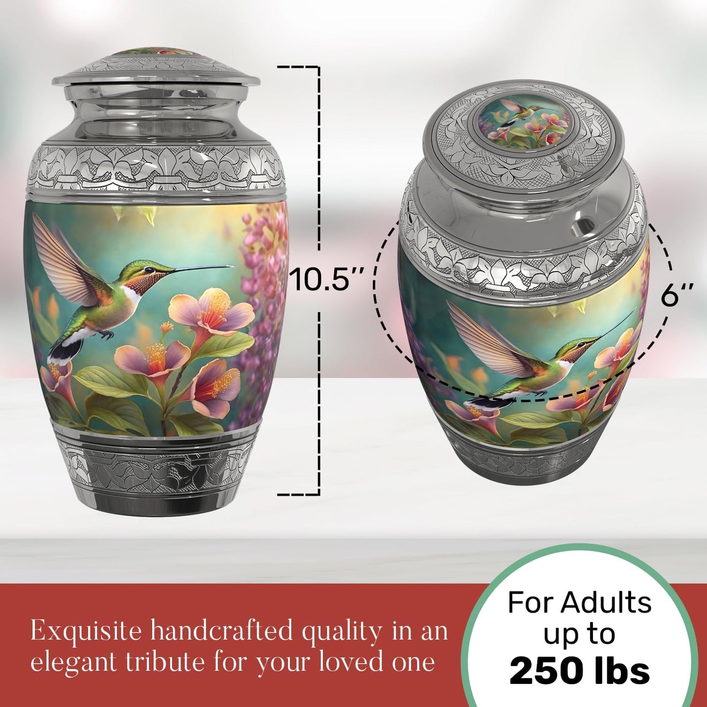 Hummingbird Cremation Urn for Human Ashes Adult Female with Handcrafted Custom Funnel and Vase (Large, Decorative, Women)