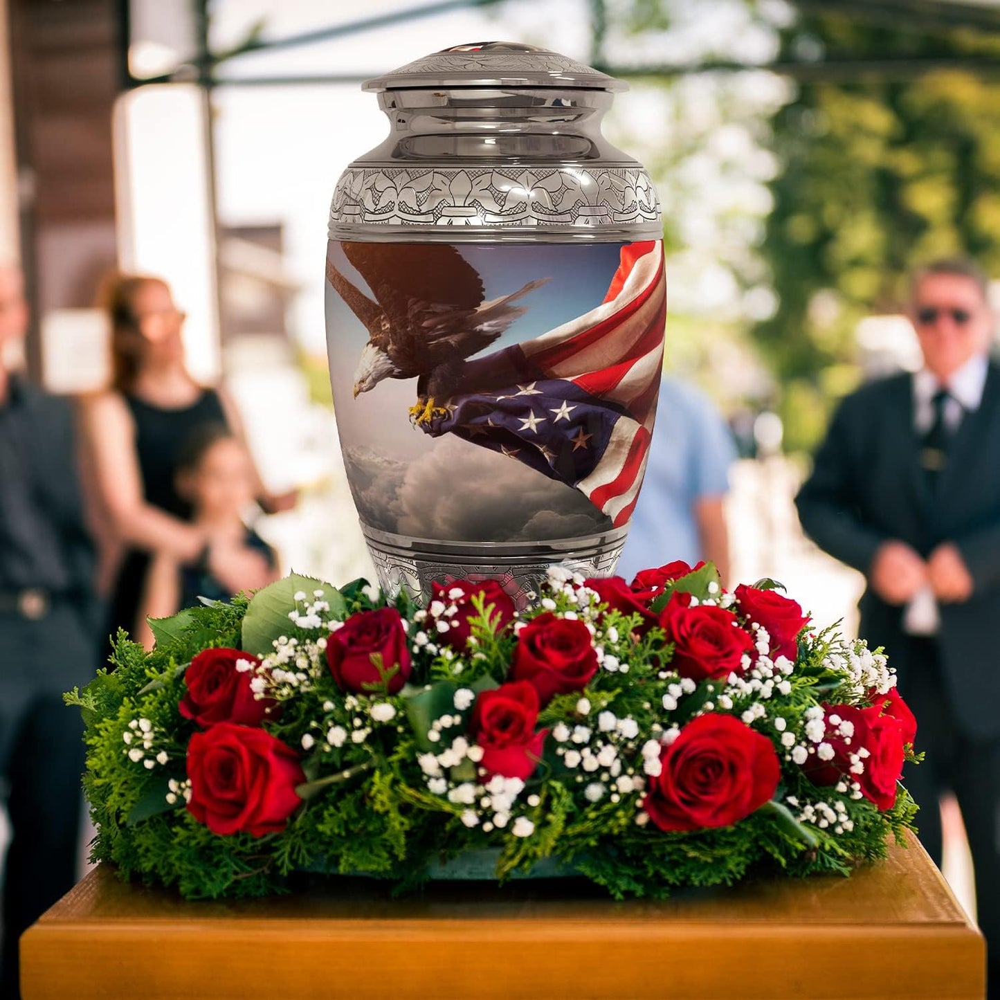 American Flag Large Cremation Urn for Human Ashes with Handcrafted Custom Funnel and Vase (Red/White/Blue Police/Military/Patriotic) Decorative Eagle Urn (American Flag Large Urn with Vase)