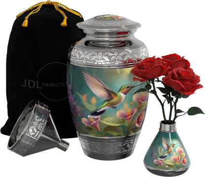 Hummingbird Cremation Urn for Human Ashes Adult Female with Handcrafted Custom Funnel and Vase (Large, Decorative, Women)