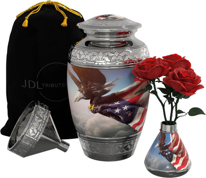 American Flag Large Cremation Urn for Human Ashes with Handcrafted Custom Funnel and Vase (Red/White/Blue Police/Military/Patriotic) Decorative Eagle Urn (American Flag Large Urn with Vase)